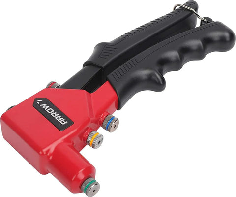 Heavy-Duty One-Handed Pop Rivet Gun For Quick Metal Fabric Leather And Auto Repairs Fits 3/32 1/8 5/32 And 3/16 Inch Blind Rivets close-up view with grip handles.