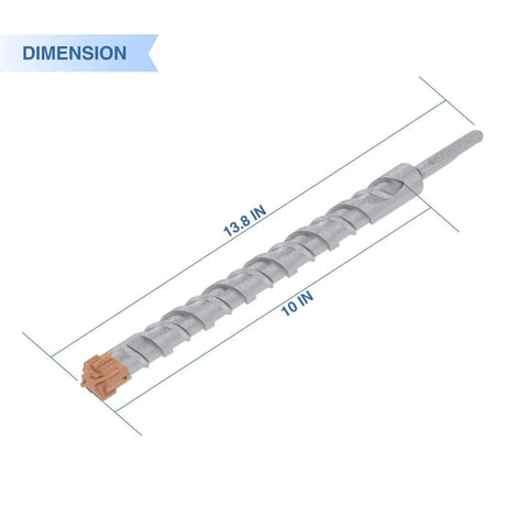 Side view of SDS Plus hammer drill bit, 1-3/8 in diameter, 13.8 in long, carbide-tipped for concrete and masonry.