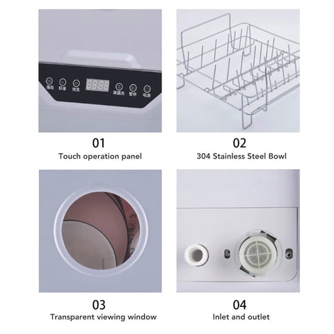 Real Deal Portable Countertop Dishwasher With Foolproof Leak Seal For Dorms Apartments RV Offices shows touch panel, stainless steel bowl, viewing window, and inlet.