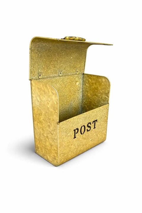 Rust Resistant Metallic Gold Wall Mount Mailbox Built Tough For Outdoors With Powder Coat Finish, open lid view showing interior