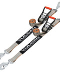 Heavy Duty 2 Inch By 96 Inch Car Tie Downs With Twisted Snap Hooks Silver Series 2 Pack shown flat with ratchets and hooks