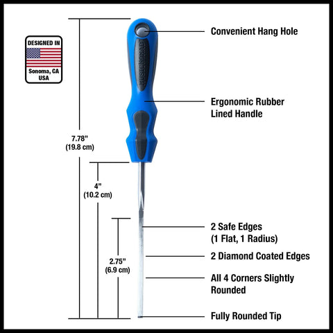 Front view of MusicNomad MN830 fret end dressing file with blue ergonomic handle, hang hole, and diamond-coated edges.