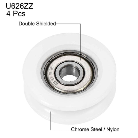 Front view of U Groove Nylon Pulley Bearing Wheel 6x30x10mm U626ZZ Double Shielded Chrome Steel Bearings GCr15 for industrial use.