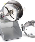 Electric Grain Grinder Mill For Home Use, open view of stainless steel superfine powder crusher with swing type bowl, 1000g capacity.