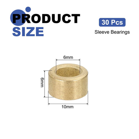 30 Pack Sintered Bronze Sleeve Bearings 6mm Bore 10mm OD X 6mm Length Self Lubricating Bushings shown with dimensions.
