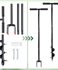 Two In One Hand Drill Auger Post Hole Digger For Planting And Digging 4 Inch By 42 Inch Spiral Drill With T Bar Handle Detachable Four Stage 44.5 Inch Total Length Heavy Duty Industrial Steel With Non Slip Grips Eco Friendly Construction parts layout