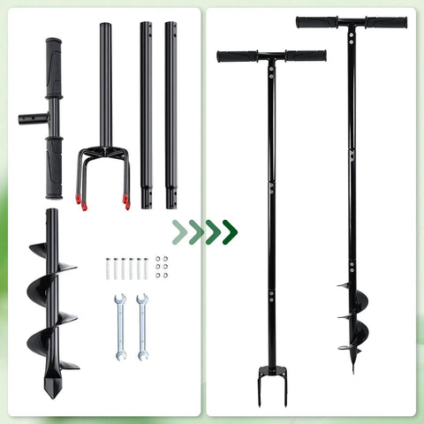 Two In One Hand Drill Auger Post Hole Digger For Planting And Digging 4 Inch By 42 Inch Spiral Drill With T Bar Handle Detachable Four Stage 44.5 Inch Total Length Heavy Duty Industrial Steel With Non Slip Grips Eco Friendly Construction parts layout