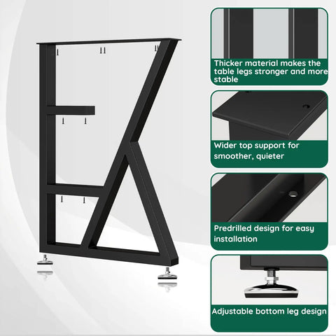 K Shape Beefy Heavy Duty Metal Table Legs Set Of 2, 28 Inches High And 20 Inches Wide, Black Iron With Adjustable Foot Pads