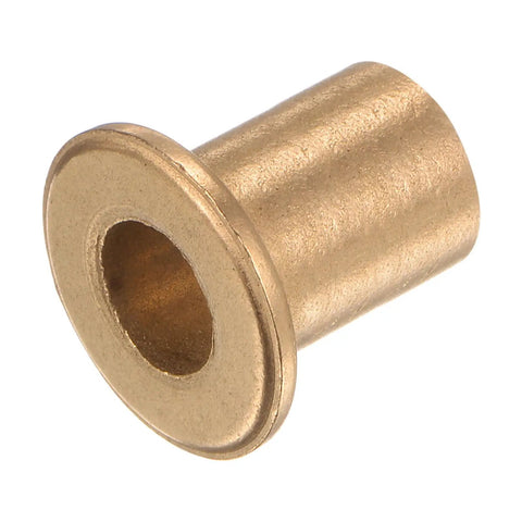 Two Pack Bronze Flange Bearing Sleeve Set For Industrial Equipment With 10mm Bore, 14mm OD, 20mm Length, 2mm Flange Thickness, Self Lubricating Bushings, shown angled