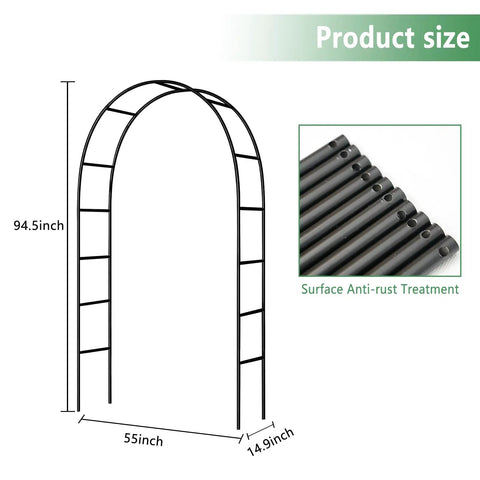 Sturdy Iron Garden Pergola Arbor 7.9 Feet High By 4.6 Feet Wide With Freely Adjustable Two Size Options Ideal Wedding Garden Arch Or Bridal Party Decor For Climbing Plants Beefy Outdoor Metal Arch One Pack with dimensions and surface treatment details