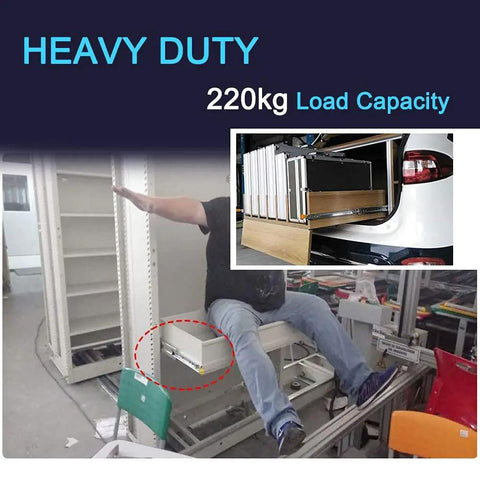 Pair Of Heavy Duty Ball Bearing Drawer Slides With Integrated Safety Lock Full Extension Metal Runners smooth glide installed in storage