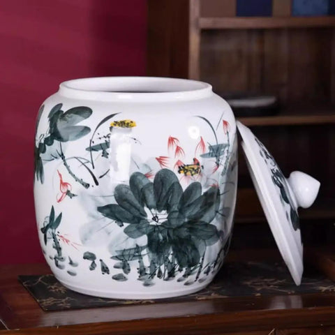 Makes Your Kitchen Vibe Level Up With This Retro Ceramic Rice Dispenser That Traps Freshness For Flour Sugar And Coffee Beans Using A Dead On Airtight Seal And Trendy Tassel Handle Massive 25kg Canister, hand-painted ceramic storage jar with lid.