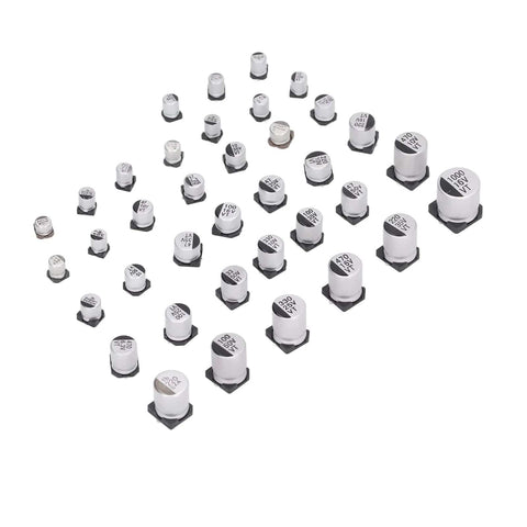 Assorted capacitors from 1520Pcs SMD Electrolytic Capacitor Kit With 36 Values From 1uF To 1000uF Aluminum Storage Box Pro Grade Gear