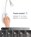 LED Wall Mount Bedside Reading Light With USB Output, 5 Brightness Levels, Touch Control, showing touch and brightness options
