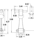 Technical drawing of 6 Inch Heavy-Duty Rubber Hood Catch With Zinc-Plated Brackets And Pin T-Handle Rubber Latch dimensions.