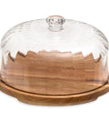 Heavy Duty Acacia Wood Cake Stand With Lid And Rotating Lazy Susan Tray, Smooth Spin Server Dome close-up view with clear lid.