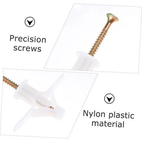 Close-up of 100 Piece Expansion Screw Set For Aircraft Type Drywall Anchors with precision screws and nylon plastic material.