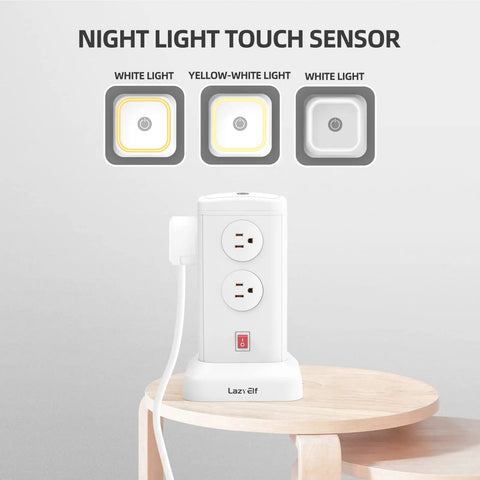 Power Strip Tower With Night Light For Home Or Office Dope Surge Protection 14 AC Outlets And 4 USB Ports on table.