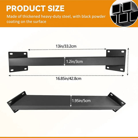 Heavy Duty 45 Degree Angle Support Bracket Set in black metal, product size diagram with measurements for pergolas and cabins.