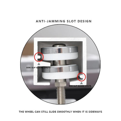 Close-up of Heavy Duty Barn Door Hardware Kit with smooth sliding wheels and anti-jamming slot design for easy install.