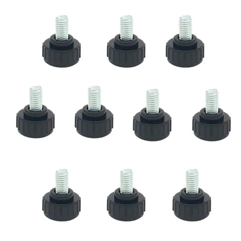 Heavy Duty Black Knurled Thumbscrews M6 Carbon Steel Grip Knobs set of ten, showcasing black knobs with silver threaded ends.