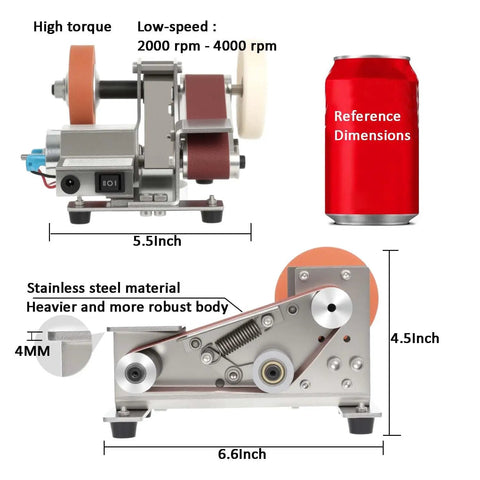 Mini Belt Sander And Electric Knife Sharpener featuring a snappy 15 degree bevel, 6.6 inch stainless steel design for quick wood and metal touch ups.