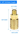 Front view of brass 1/4in NPT IM male quick-connect air hose fitting with knurled hex body