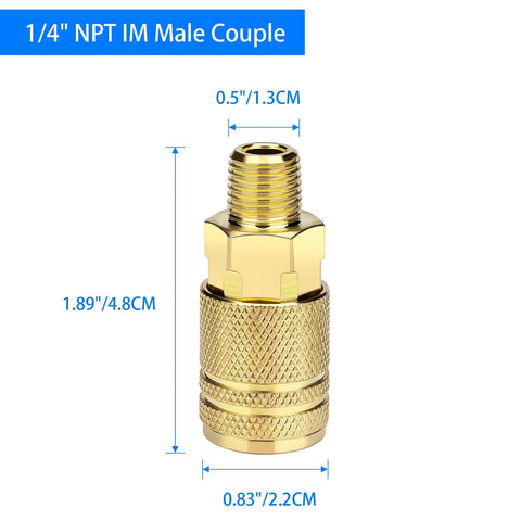 Front view of brass 1/4in NPT IM male quick-connect air hose fitting with knurled hex body