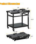 Grill Stand For Ninja Woodfire Outdoor Grills Portable Foldable Cart Table With Four Wheels And Cover Compatible With OG700 OG800 OG900 OO101 XSKUNSTAND And More Ideal For Smoker Pizza Oven Accessories showing dimensions and wheels