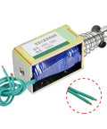 12V DC 60N Pull Type Open Frame Solenoid Electromagnet, 10mm Stroke, Compact Linear Actuator for DIY Projects and Automation, Low Power Consumption, Spring Return, Durable Magnetic Pull for Precise Actuation, open frame with green wires