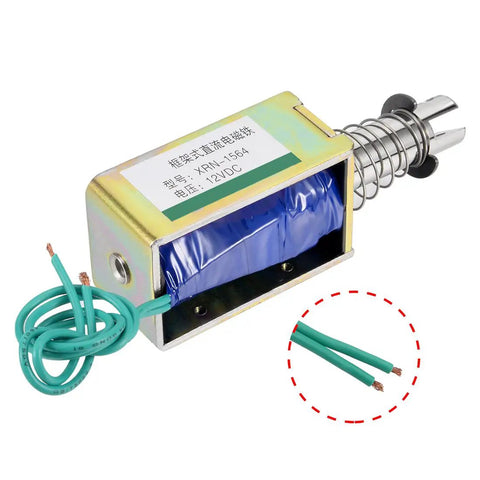 12V DC 60N Pull Type Open Frame Solenoid Electromagnet, 10mm Stroke, Compact Linear Actuator for DIY Projects and Automation, Low Power Consumption, Spring Return, Durable Magnetic Pull for Precise Actuation, open frame with green wires