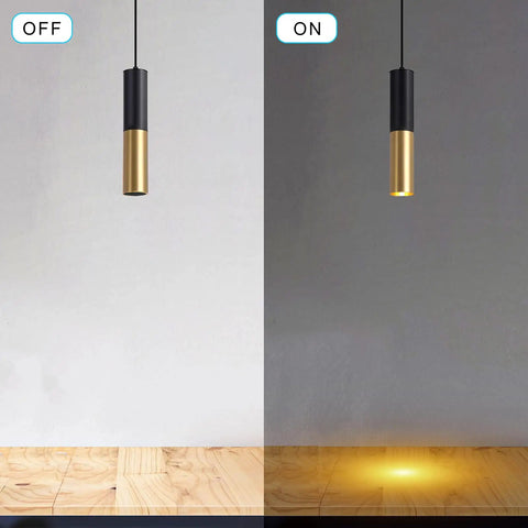 Get These Cool Black And Gold Modern Pendant Lights With Adjustable Cords Cylinder Design Perfect For Kitchen Island Dining Bedroom Living Room Vibes showing on and off modes