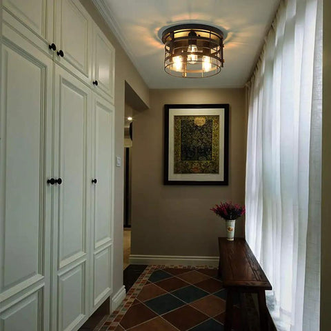 Hallway with Industrial 3 Light Rustic Semi Flush Mount Ceiling Light With Metal Cage Seed Glass Shade Black Farmhouse Chandelier