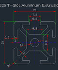 Diagram of a 2525 T-Slot Aluminum Extrusion dimensions, showcasing measurements for design and assembly purposes.