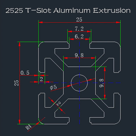 Diagram of a 2525 T-Slot Aluminum Extrusion dimensions, showcasing measurements for design and assembly purposes.