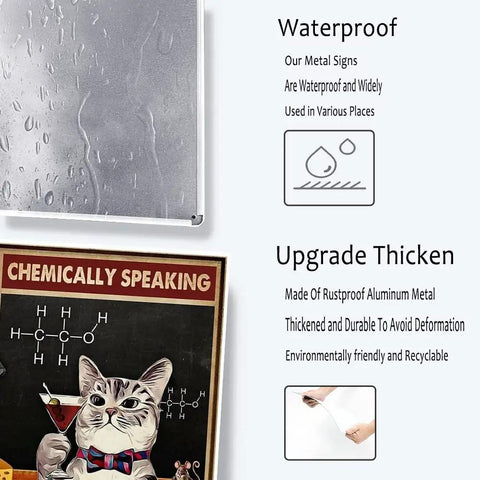 Close-up of waterproof and thickened metal signs, featuring chemical cat illustration for kitchen bar decor.