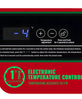 Close-up of DEMULLER deep freezer chest control panel with black display showing -4°F and +/- buttons.