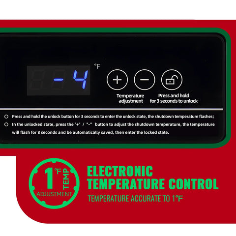 Close-up of DEMULLER deep freezer chest control panel with black display showing -4°F and +/- buttons.