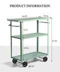 Flat Out Sturdy Three Tier Rolling Kitchen Cart Slick Green Metal Server With Tough Casters And Dual Hand Grips For Premium Indoor Coffee Tea Bar Display, dimensions 39.4x15.7x41.3 inches