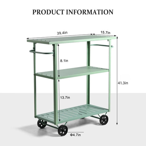 Flat Out Sturdy Three Tier Rolling Kitchen Cart Slick Green Metal Server With Tough Casters And Dual Hand Grips For Premium Indoor Coffee Tea Bar Display, dimensions 39.4x15.7x41.3 inches