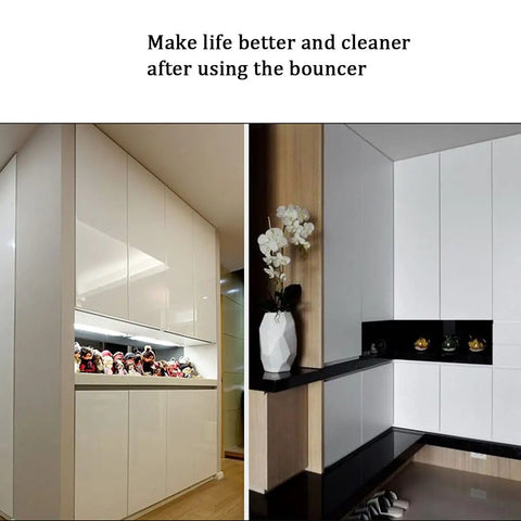 White cabinets in living space showcasing Magnetic Touch Cabinet Catch Set With Dampers For Soft Open Close 3 Piece Gray Kit.