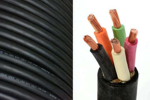Kickin Heavy Duty 12AWG Five Conductors SOOW Portable Power Cable 600Volt Black 100Foot showcasing flexible copper wires and insulation.