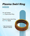 Plasma Cutting Pro Grade Top Notch Consumables Kit swirl ring for TI PC65 torch, shown with product details on blue background.