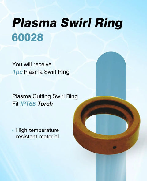 Plasma Cutting Pro Grade Top Notch Consumables Kit swirl ring for TI PC65 torch, shown with product details on blue background.
