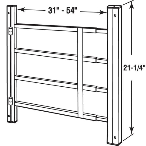 Drawing of White Painted Carbon Steel Hinged 4 Bar Window Grill 21 Inch Indoor Mount With Quick Release, showing dimensions