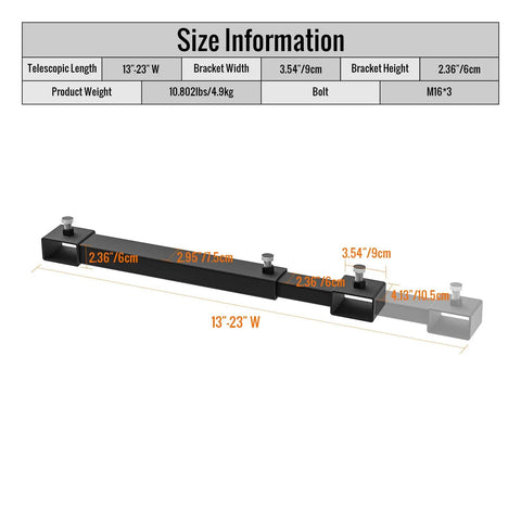 Clamp On Pallet Fork Stabilizer Bar For Forks Up To 3 Inches Wide By 2 Inches High Heavy Duty Adjustable 13 To 23 Inches with size info