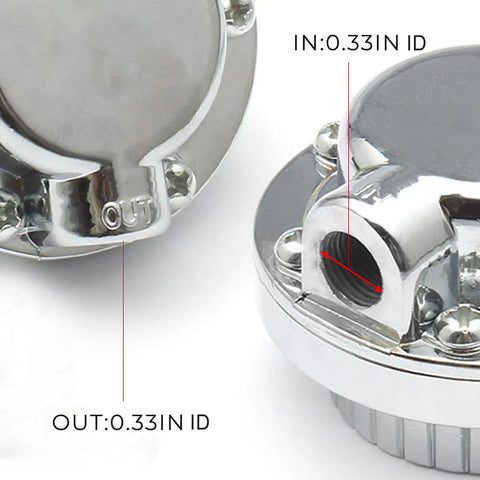 Close-up of Universal 1 To 5 PSI Fuel Pressure Regulator For Carburetors with zinc alloy body showing inlet and outlet fittings.