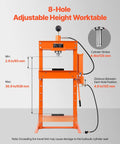 Pro Crew Badass 30 Ton H Frame Hydraulic Shop Press With Heavy Steel Platen And Automatic Relief Valve For Swapping Car Bushings Ball Joints Garage Metalwork Setup, adjustable height worktable with cylinder stroke details.