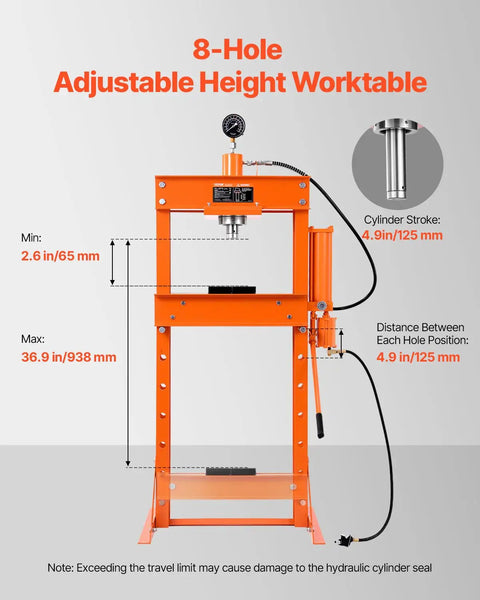 Pro Crew Badass 30 Ton H Frame Hydraulic Shop Press With Heavy Steel Platen And Automatic Relief Valve For Swapping Car Bushings Ball Joints Garage Metalwork Setup, adjustable height worktable with cylinder stroke details.