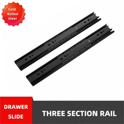 Two black Heavy Duty 3 Way Cold Rolling Steel Drawer Slide Black Three Section Track Rail for kitchen, office, and workshop drawers.